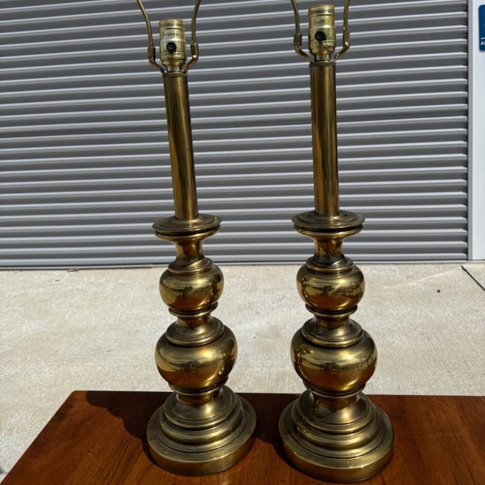 Vintage Stiffel Solid Brass Buffet Table Lamps Hollywood Regency MCM NO SHADE
